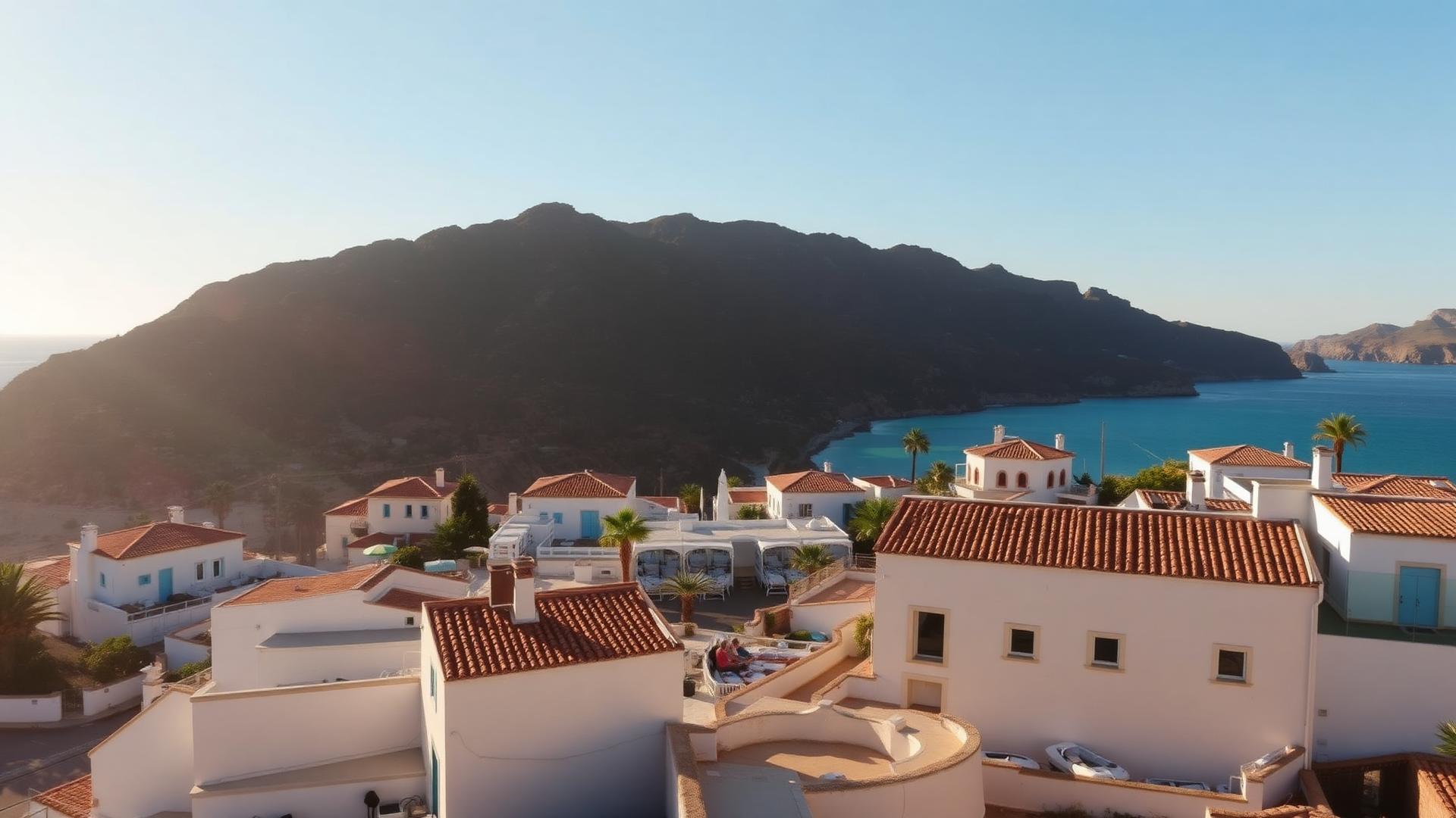Vitkalkade hus med tegeltak vid Medelhavet i Spanien